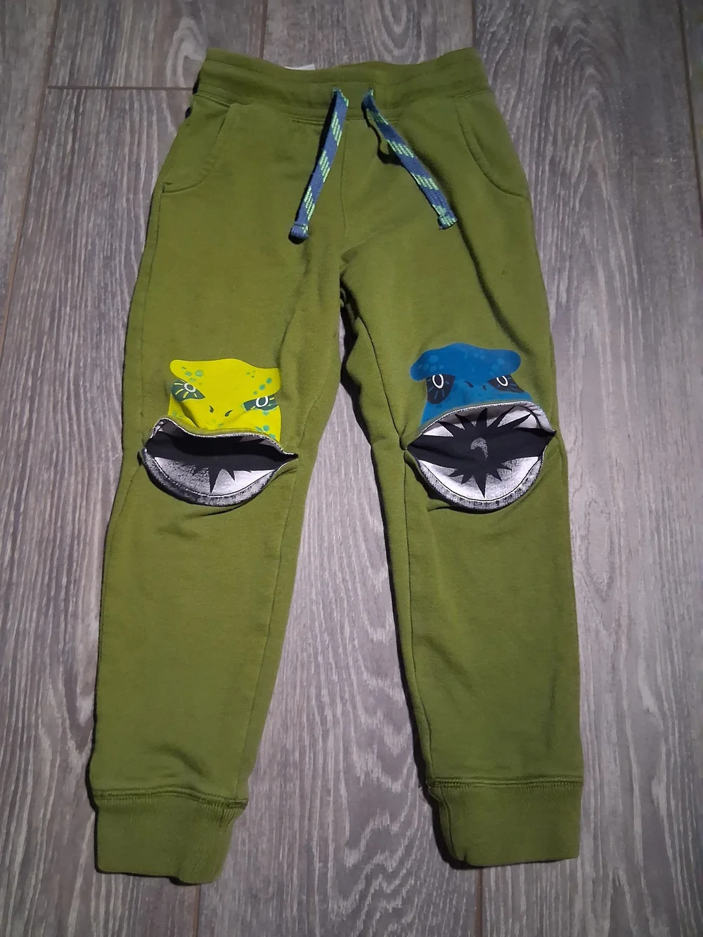 Cat & Jack Olive Green Monster Knee Pocket Joggers with Yellow & Blue Accents